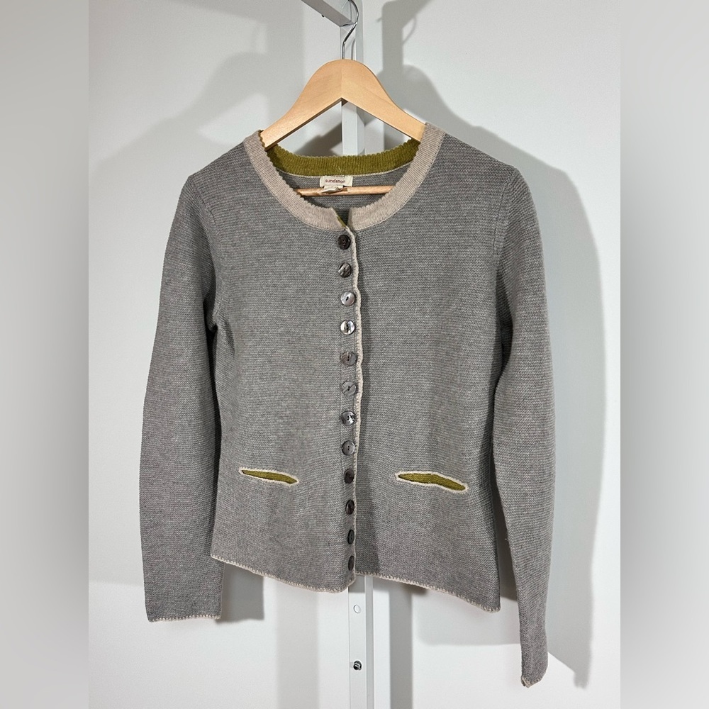 SUNDANCE Merino Wool Button Cardigan – Gray & Moss – Women’s S